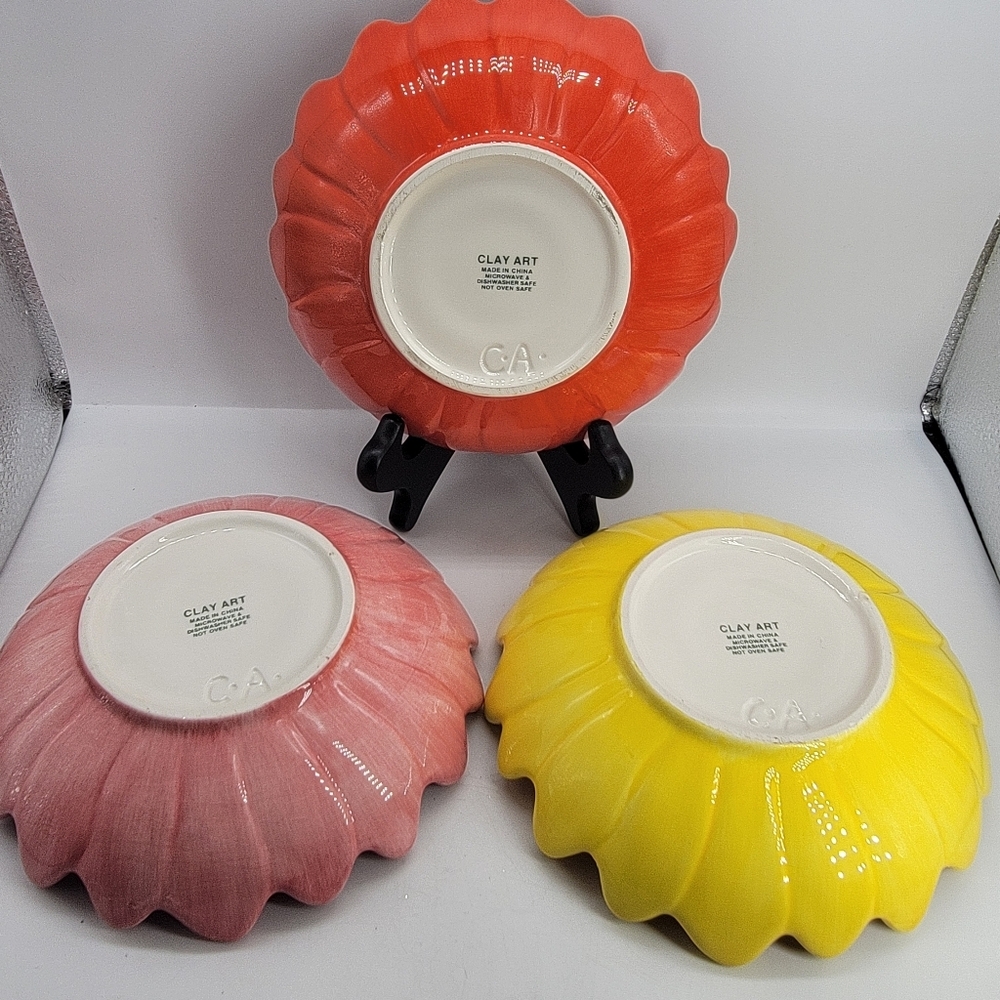 Clay Art Glazed Pottery Decorative Sunflower Serving Bowl 7" Stoneware Lot of 3 - Picture 2 of 6